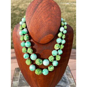 Vtg 1950's 2 Strand Beaded Necklace In Bakelite Shades Of Green Different Shaped